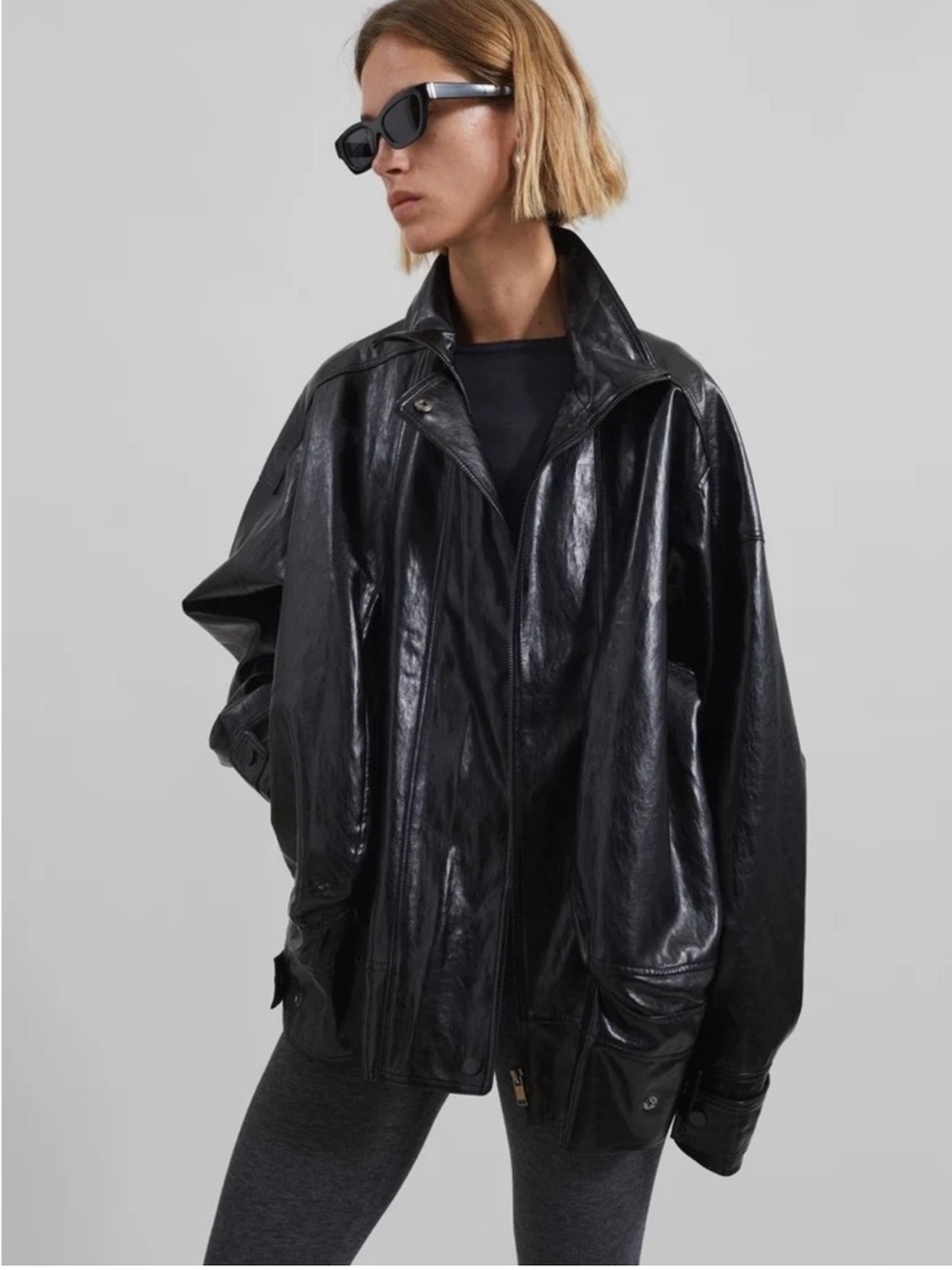 The Frankie Shop Savannah Faux Patent Leather Oversized Moto Jacket Black OS